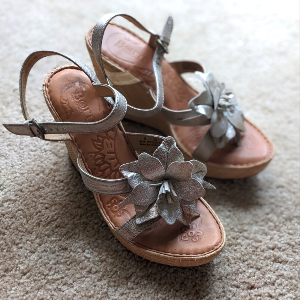 Born Silver Flower Wedge Sandals